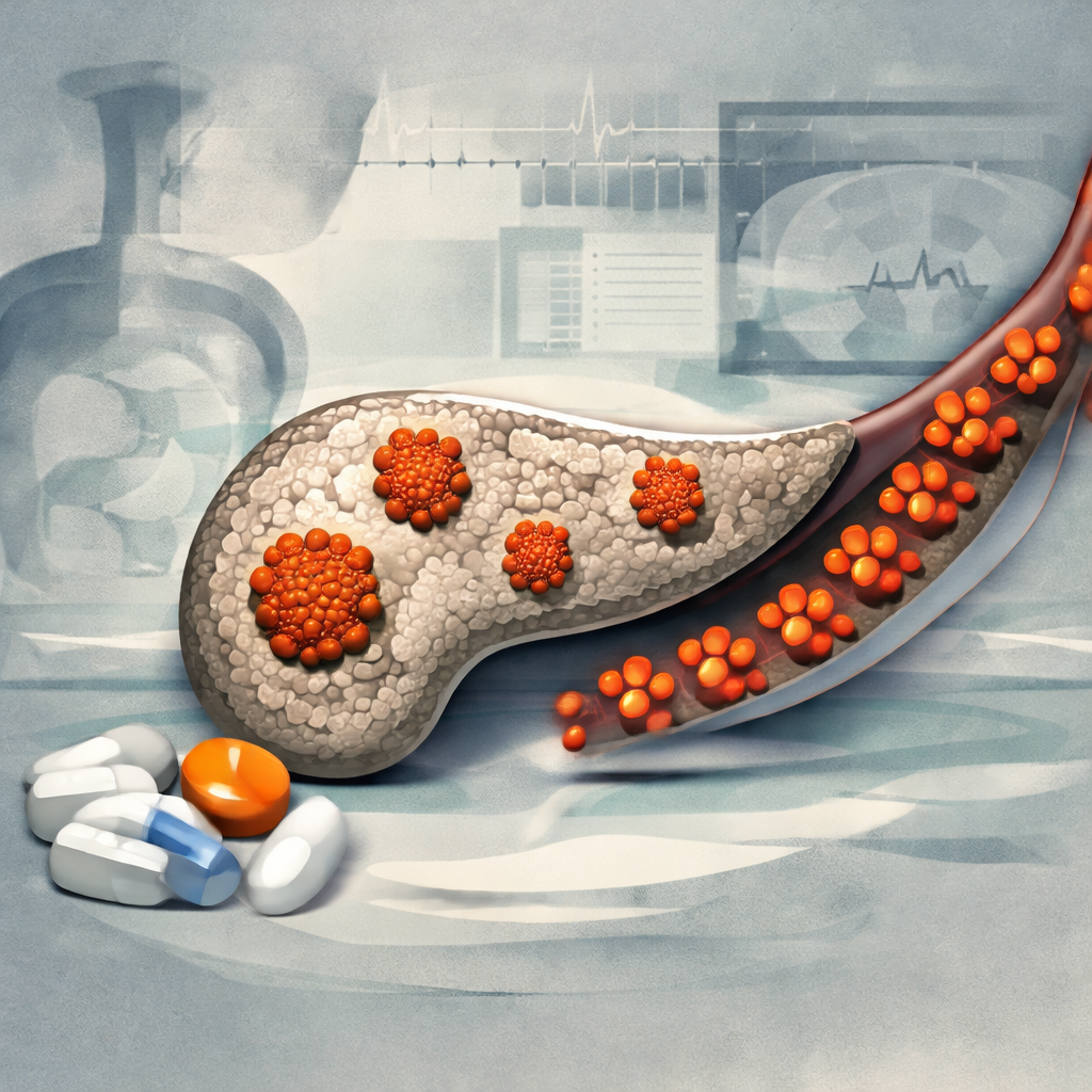 Ilustración de un páncreas con focos tumorales anaranjados y varias cápsulas de medicamento en primer plano